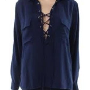 Navy Blue Lace Up Blouse